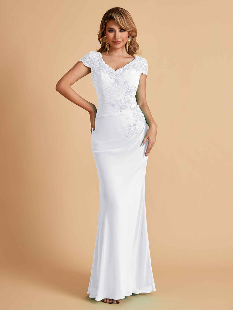 Robe de mère de la mariée col en V élégante en mousseline manches courtes