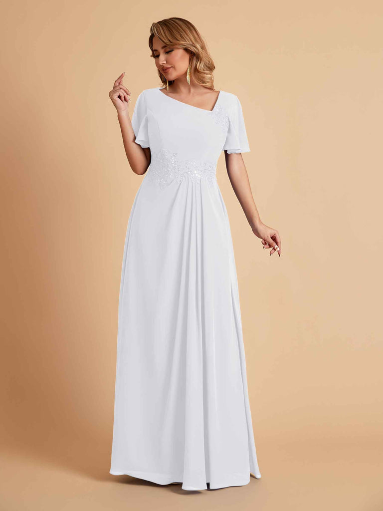 Robes de mère de la mariée élégantes coupe trapèze manches courtes et col en V