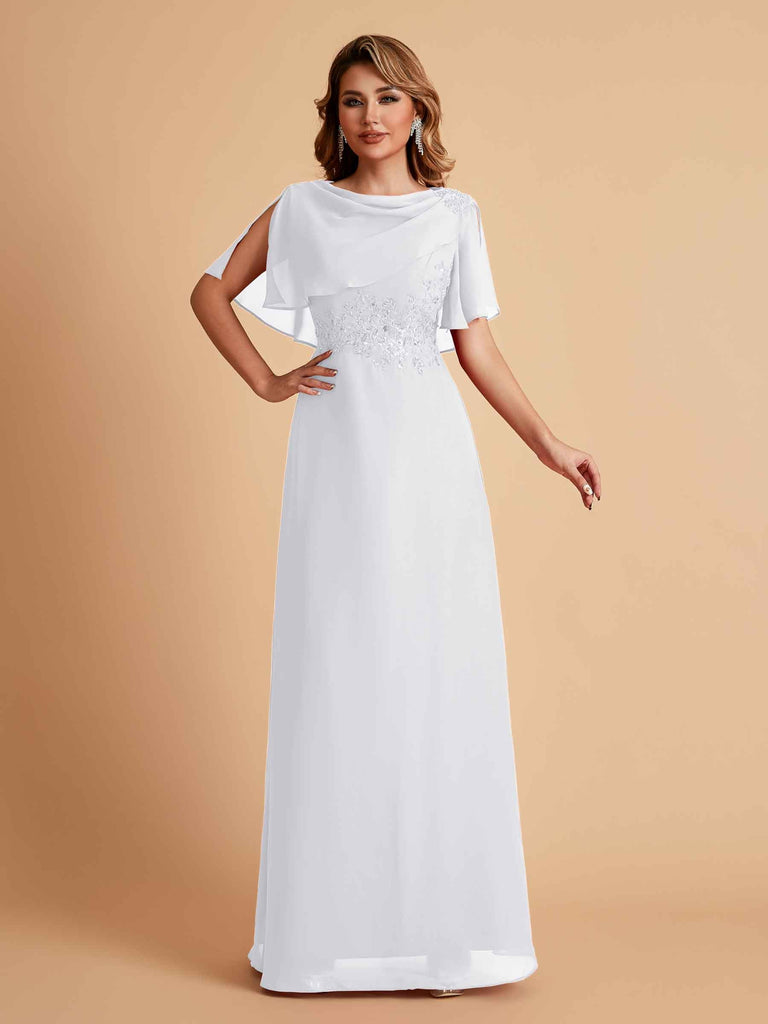 Robes de mère de la mariée en mousseline de soie manches mi-longues et bijoux