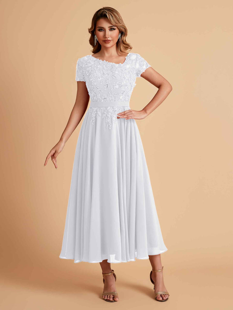 Robes de mère de la mariée coupe trapèze en mousseline à manches courtes