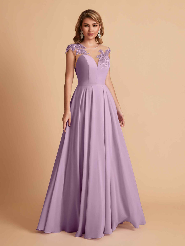 robes d'invitées de mariage en mousseline haut en dentelle illusion col en V
