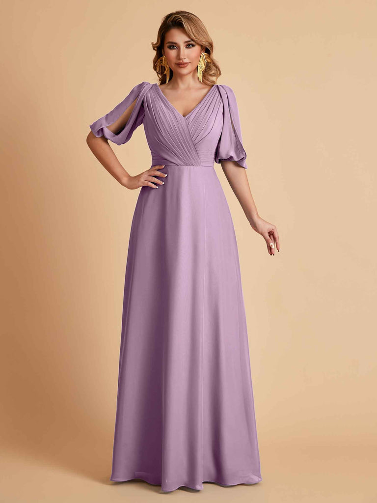 Robes de mère de la mariée élégantes en mousseline de soie manches mi-longues et col en V