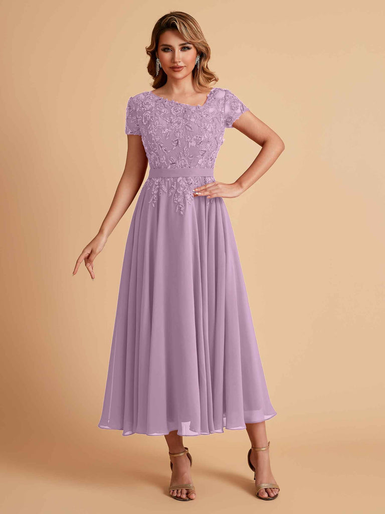 Robes de mère de la mariée coupe trapèze en mousseline à manches courtes