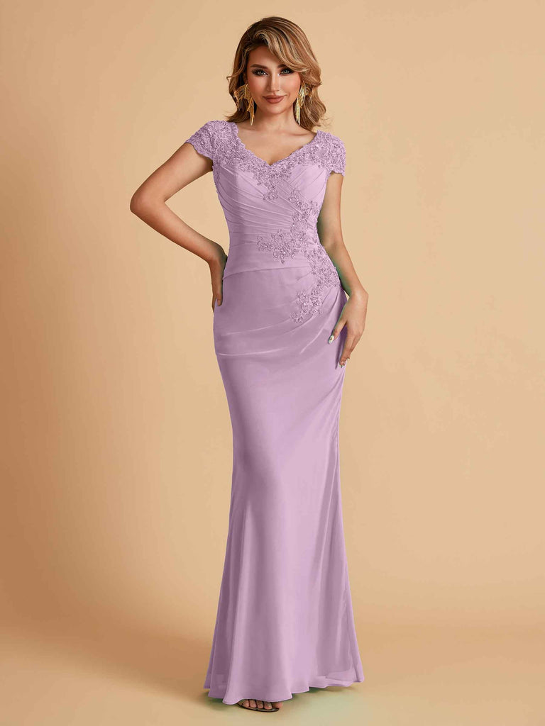 Robe de mère de la mariée col en V élégante en mousseline manches courtes
