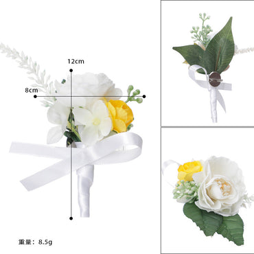 New Wedding Men Boutonniere Groomsman Brooch Mori Flowers Green Leaves, CG6691