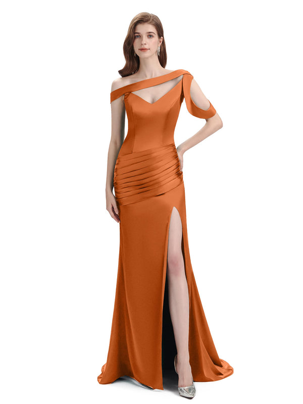 Orange brûlé Sexy Chic doux Satin sirène longues robes de demoiselle d'honneur