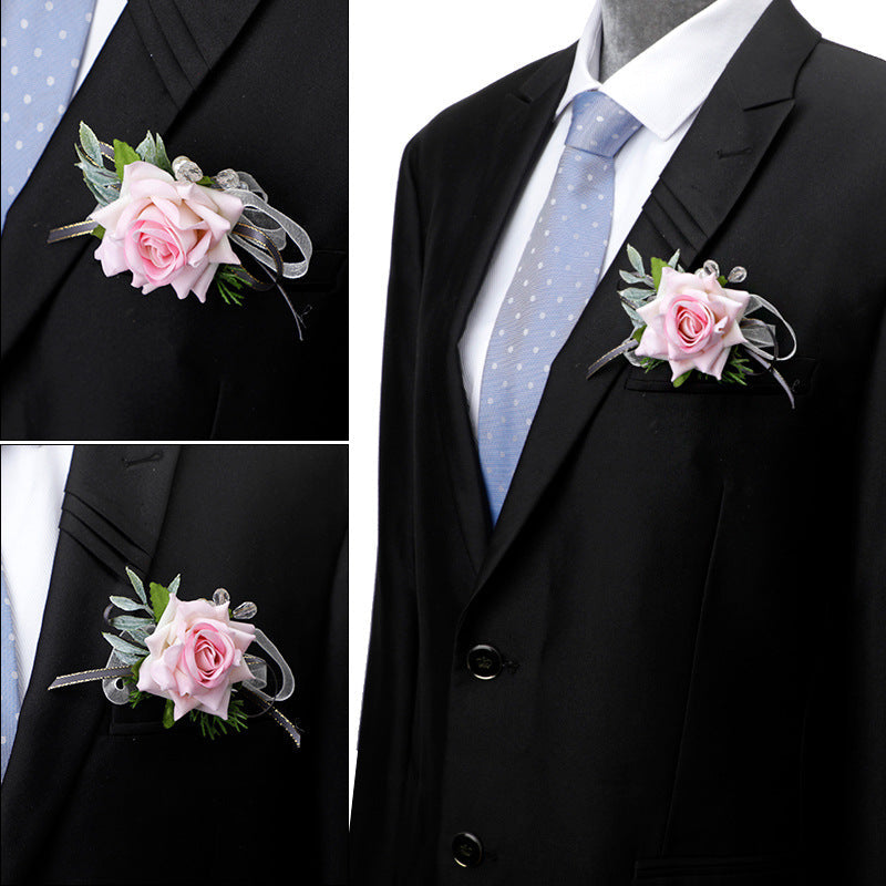 Mori Rose Bride and Groom Wrist Flower Brooch Wedding Sisters Group Hand Flower Groomsmen Group Corsage, CG61480