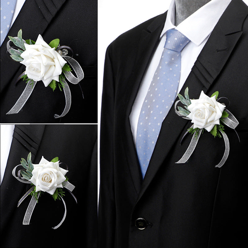 Mori Rose Bride and Groom Wrist Flower Brooch Wedding Sisters Group Hand Flower Groomsmen Group Corsage, CG61480