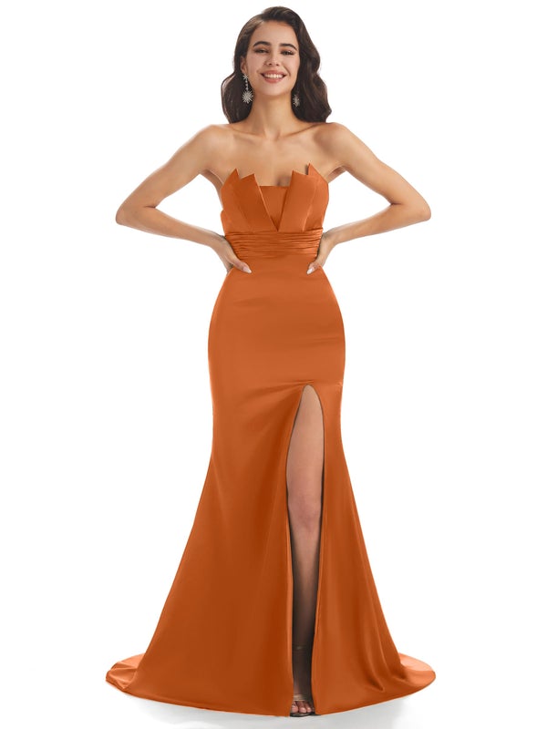 Orange brûlé Sexy Chic doux Satin sirène longues robes de demoiselle d'honneur