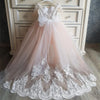 Flower Girl Dresses with Long Train O-neck with Lace Wedding Gowns for Kids Birthday Party Girl Dresses