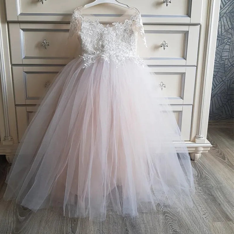 Flower Girl Dresses with Long Train O-neck with Lace Wedding Gowns for Kids Birthday Party Girl Dresses