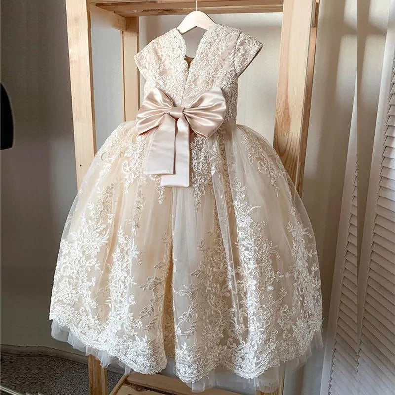 Flower Girl Dresses For Weddings Kids Girls Pageant Dress Bow Ribbon Floor Length Communion Party Gowns Puffy