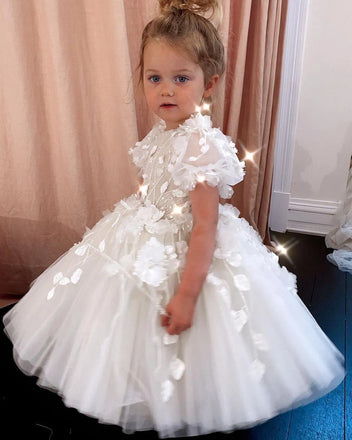 Flower Girls Dresses For Weddings Lace Appliques Short Sleeves Children Party Kids Girl Ball Gowns 3D Floral Flowers