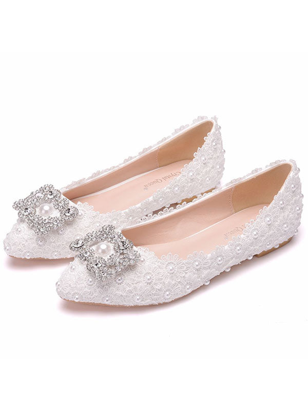 Women's Wedding Shoes Decorative Lace Pearl Wedding Flat Heels Bridal Shoes, H91